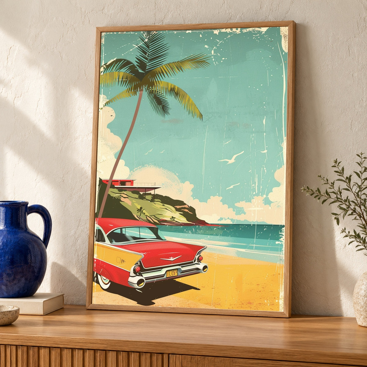 Retro Travel Poster, Vintage 1950s Beach Classic Car Print — oak frame room mockup