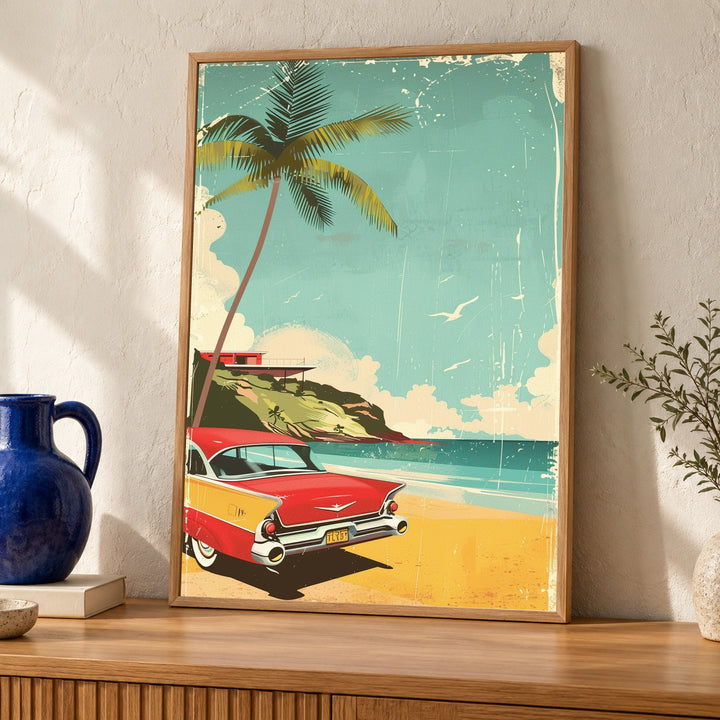 Retro Travel Poster, Vintage 1950s Beach Classic Car Print