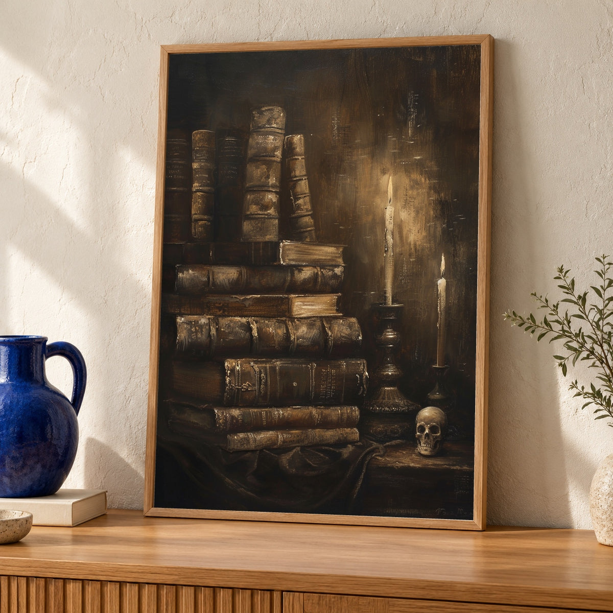 Dark Academia Art, Moody Still Life Antique Books Skull Print — oak frame room mockup