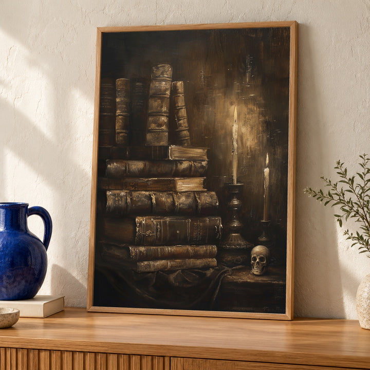 Dark Academia Art, Moody Still Life Antique Books Skull Print