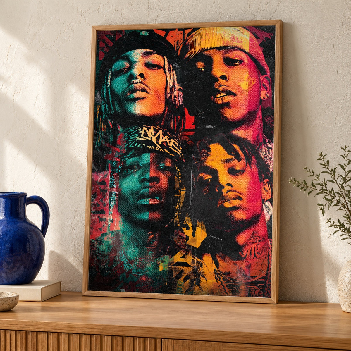 Hip Hop Wall Art, Retro 90s Rap Collage — oak frame room mockup