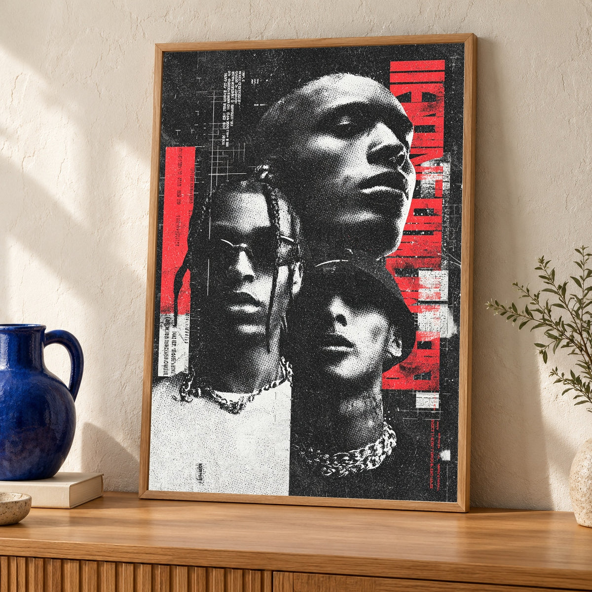 Hypebeast Decor Print, Retro Rap Bootleg Collage, Black Culture Art — oak frame room mockup