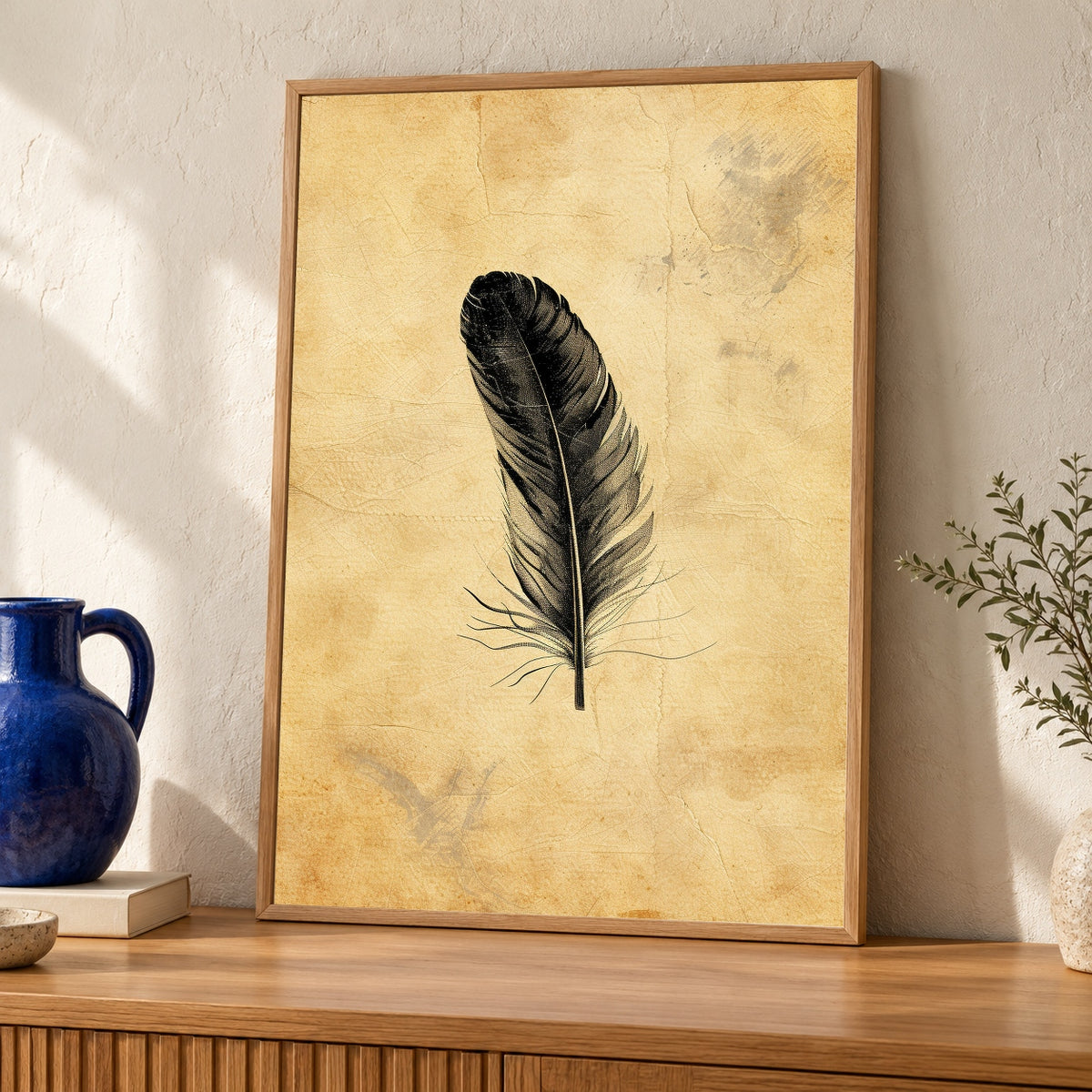 Vintage Feather Print, Antique Raven Illustration, Dark Academia Retro Wall Art — oak frame room mockup