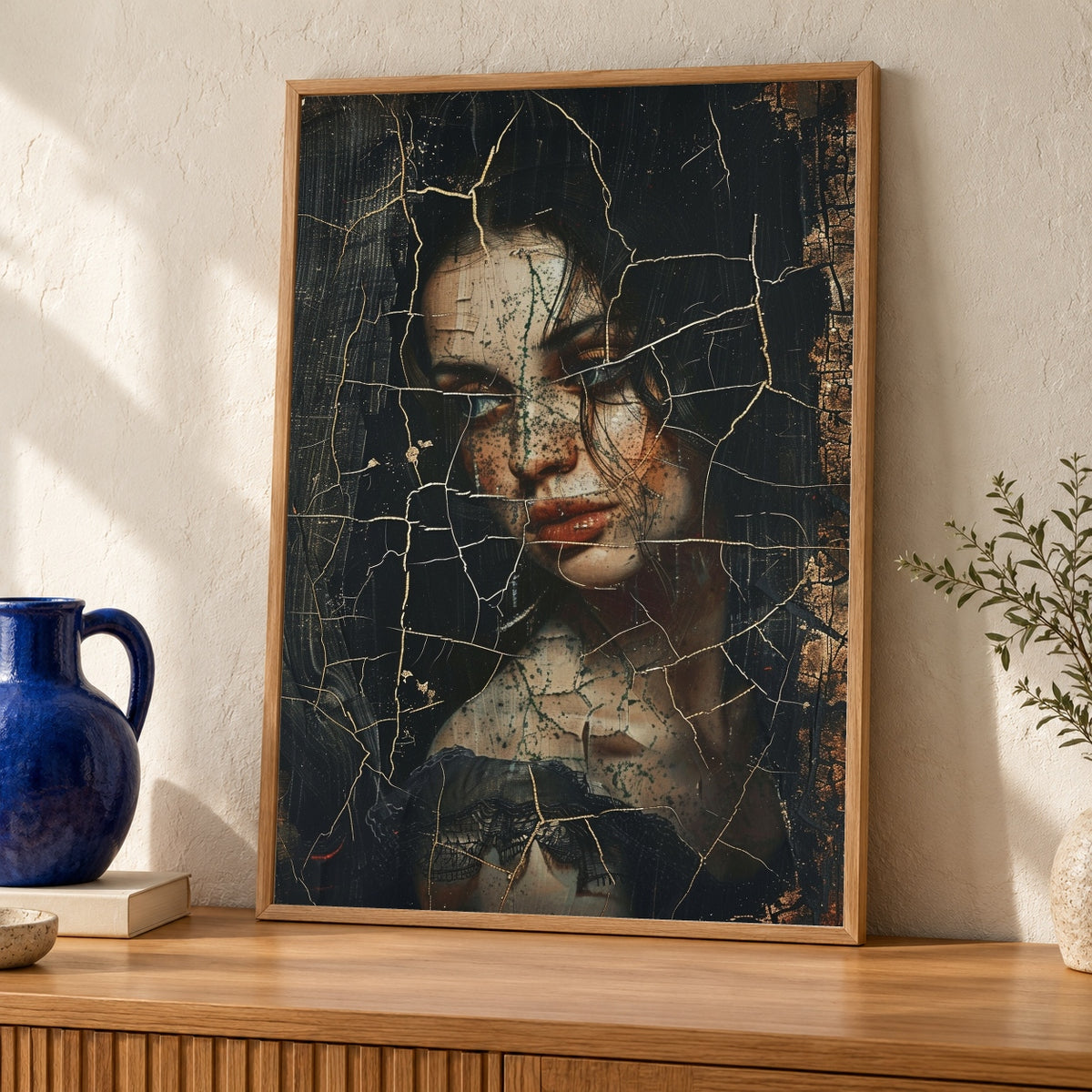 Renaissance Woman Art, Kintsugi Portrait Print, Dark Moody Decor — oak frame room mockup