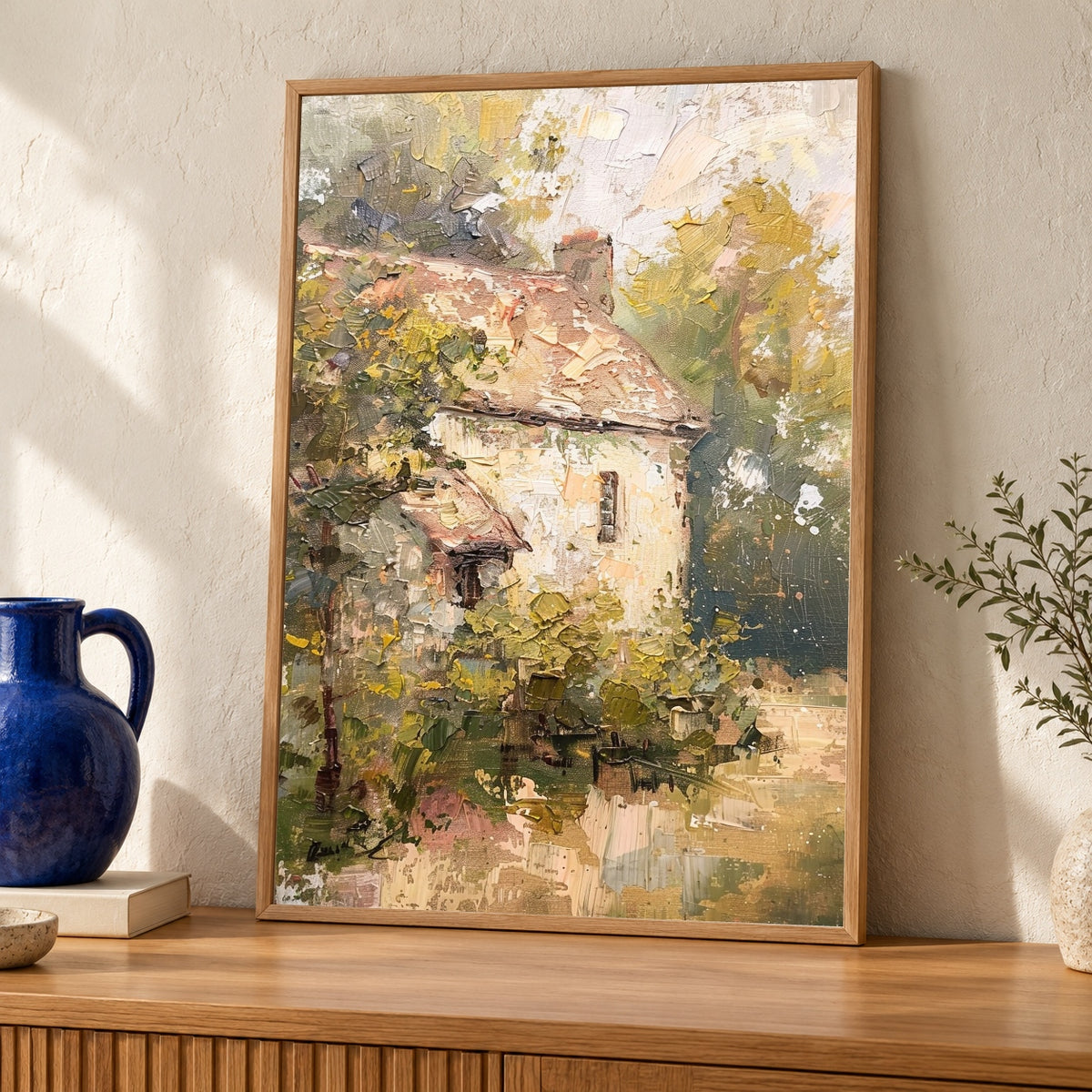 French Countryside Art, Rustic Cottage Print, Impasto Landscape — oak frame room mockup