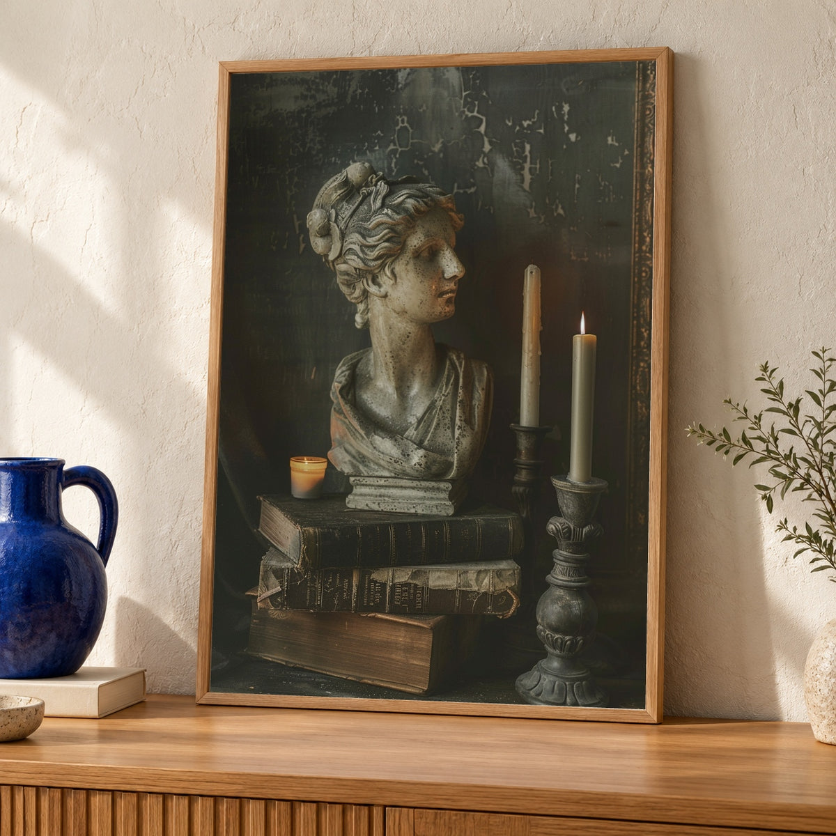 Dark Academia Art, Greek Bust Still Life Print, Antique Books Candle — oak frame room mockup