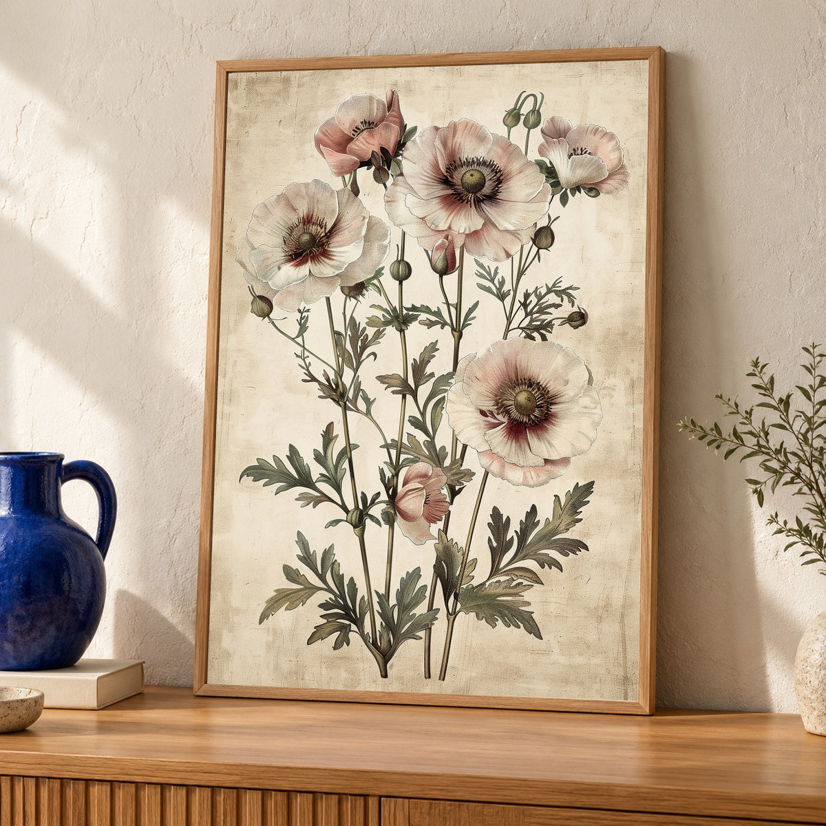 Vintage Botanical Print, Antique Poppy Floral Engraving — oak frame room mockup