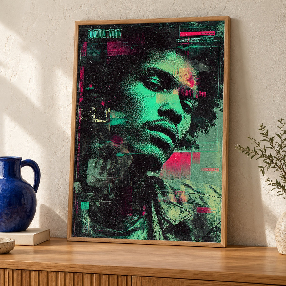 Hypebeast Decor Print, Y2K Glitch Portrait, Retro Music Poster — oak frame room mockup