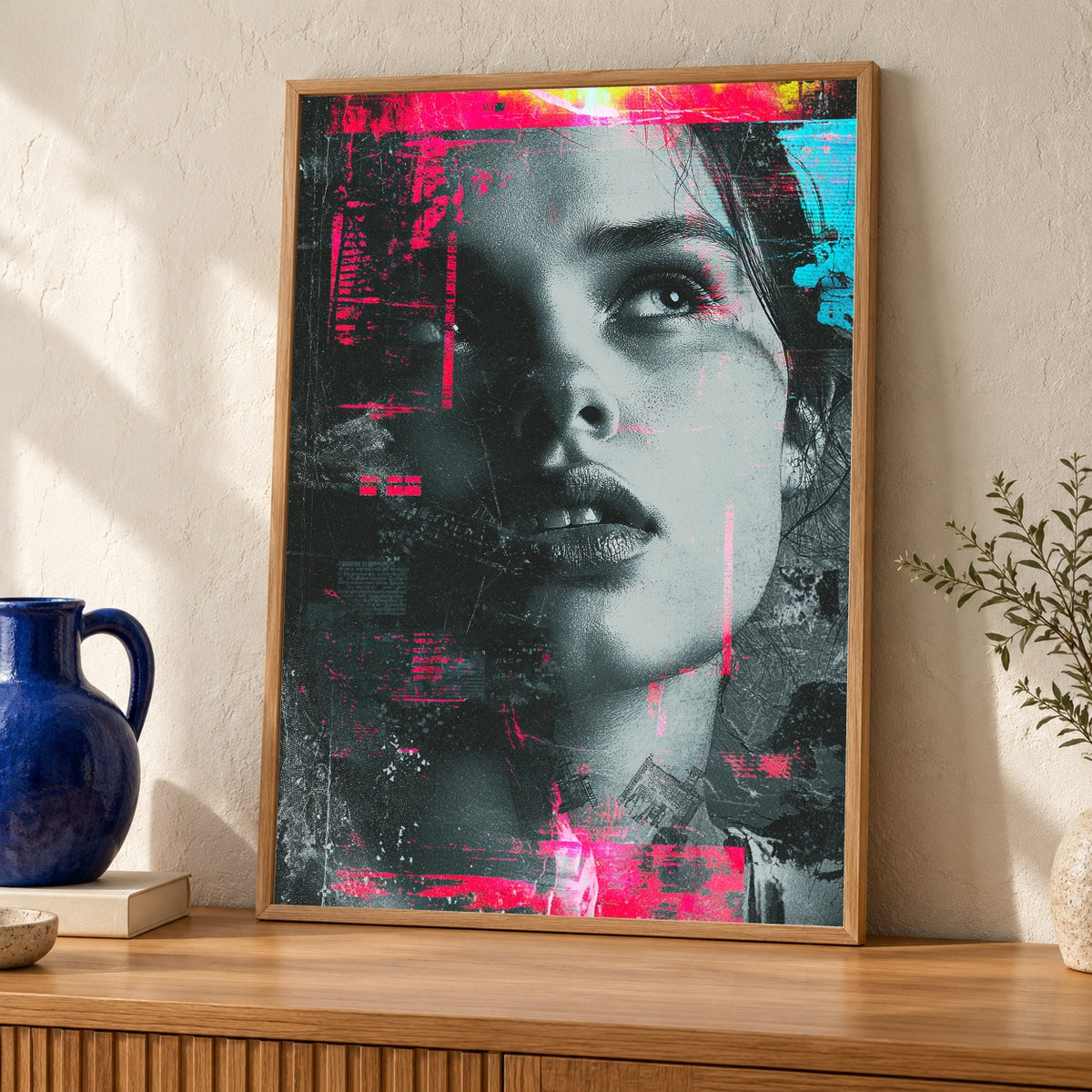 Hypebeast Decor, Glitch Art Portrait Print, Neon Street Poster — oak frame room mockup