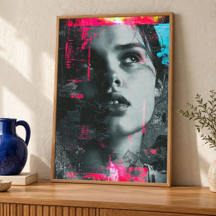 Hypebeast Decor, Glitch Art Portrait Print, Neon Street Poster