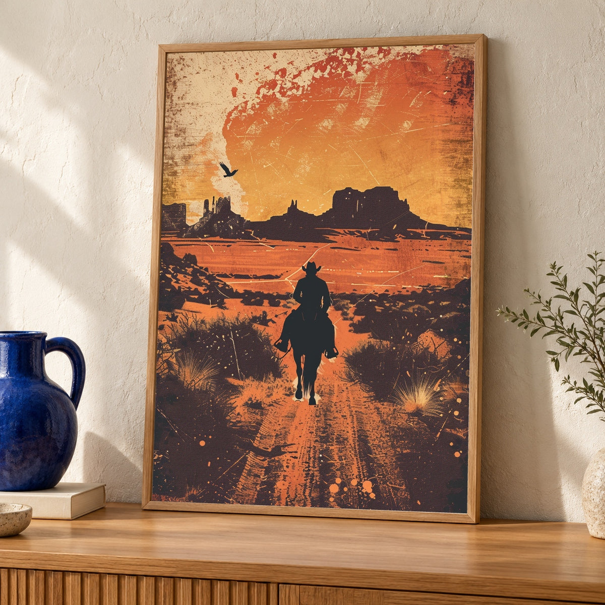 Vintage Cowboy Wild West Gloss Print, Retro Western Desert Landscape Poster, Rustic Horse Rider Wall Art, Nostalgic Sunset Monument Valley — oak frame room mockup