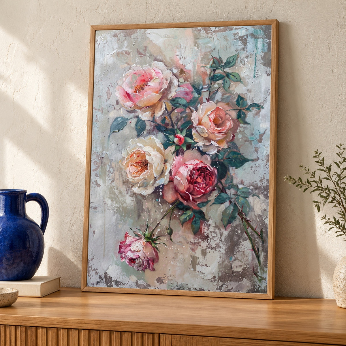 Romantic Floral Art, Vintage Pink Roses Peonies Oil Painting — oak frame room mockup