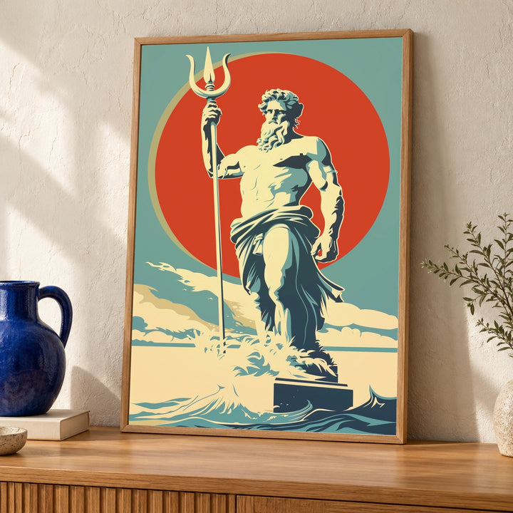 Greek Mythology Art, Poseidon Ocean Statue Poster, Retro Wall Art