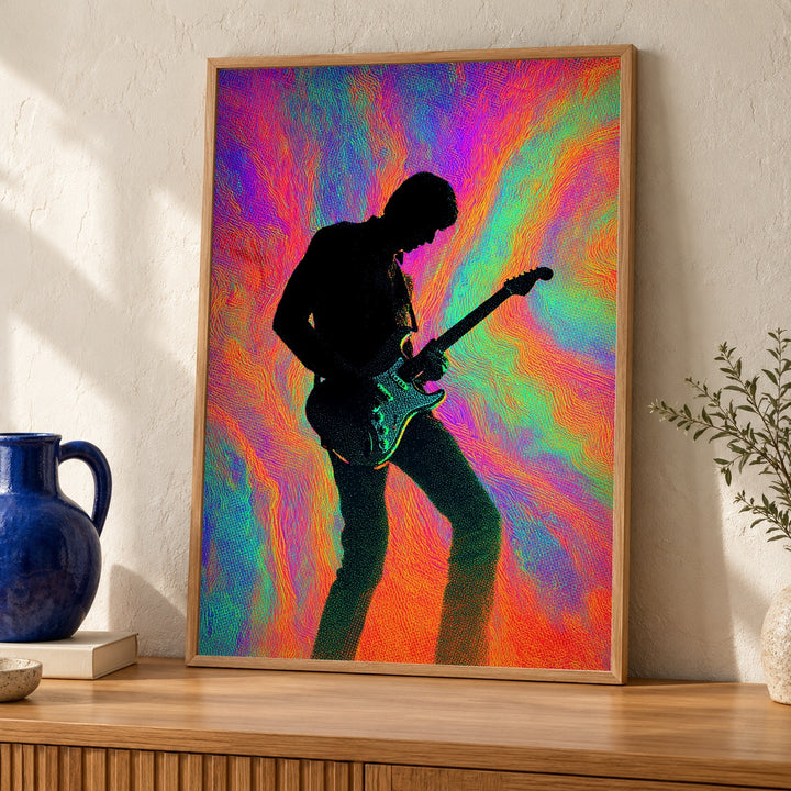 Guitar Hero Print, Psychedelic Rock Silhouette, Neon Swirl Poster