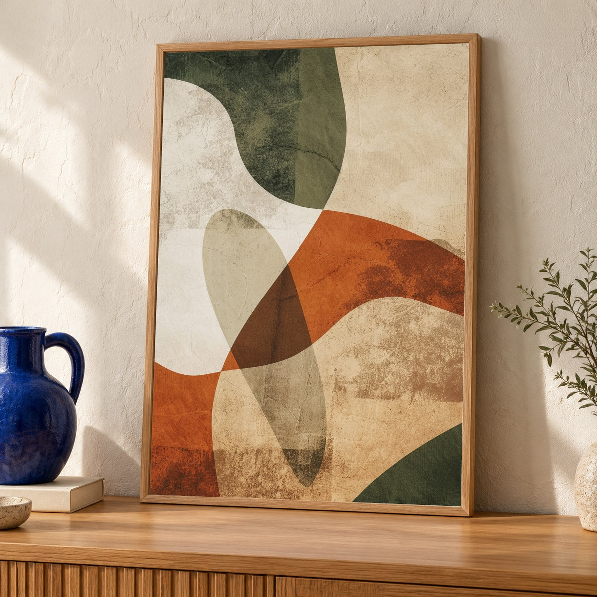 Mid Century Abstract Wall Art, Organic Shapes, Terracotta Tones — oak frame room mockup