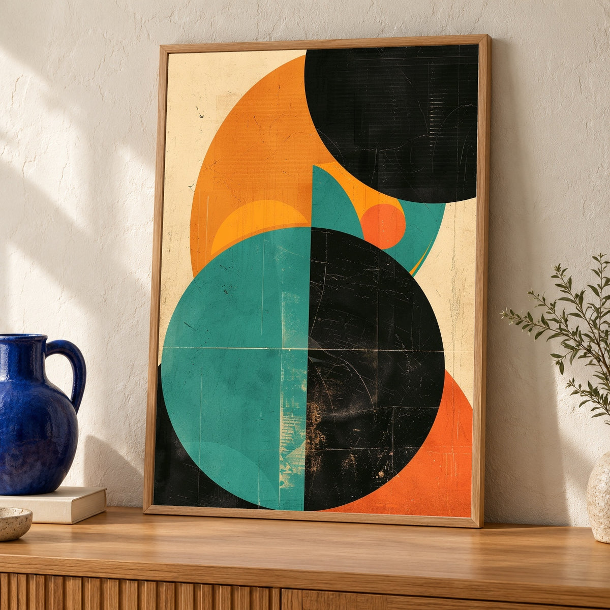 Retro Wall Art, Mid Century Modern Bauhaus Print, Geometric Poster — oak frame room mockup