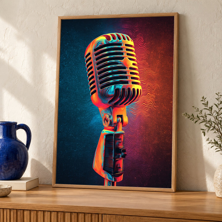 Retro Microphone Art, Neon Sound Wave Print, Psychedelic Concert Poster