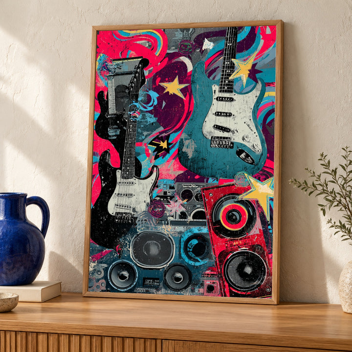 Rock Music Wall Art, Psychedelic Guitar Collage Print, Retro Poster