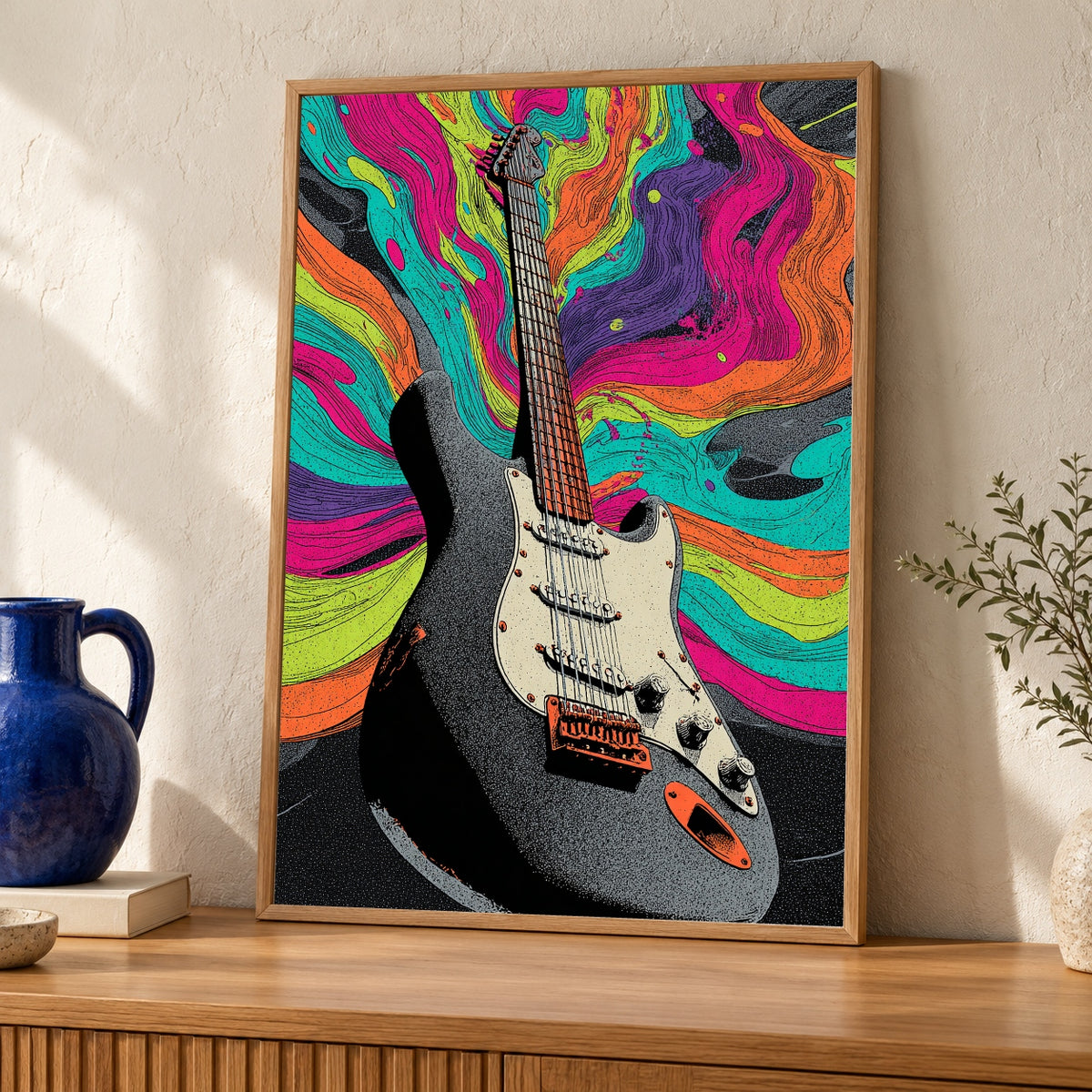 Guitar Burst Print, Psychedelic Neon Wave, 70s Rock Music Art — oak frame room mockup