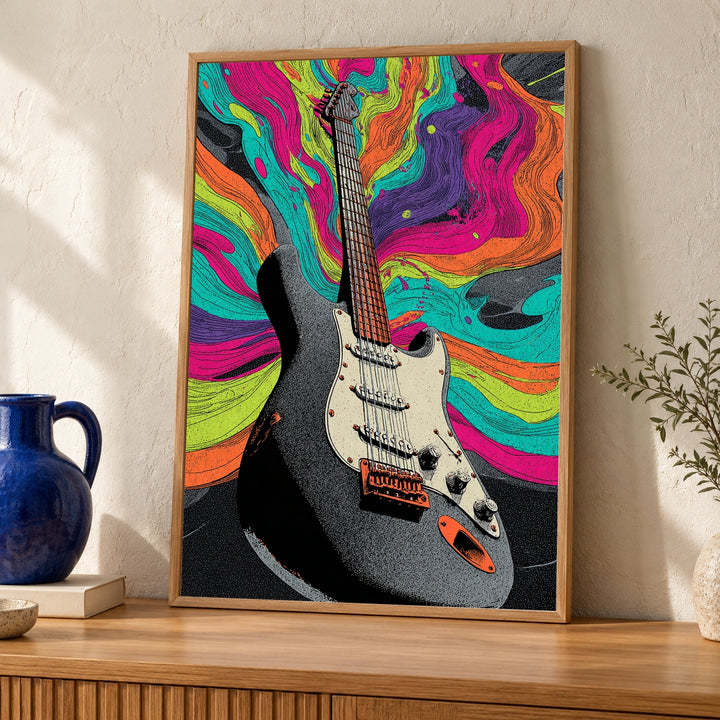 Guitar Burst Print, Psychedelic Neon Wave, 70s Rock Music Art
