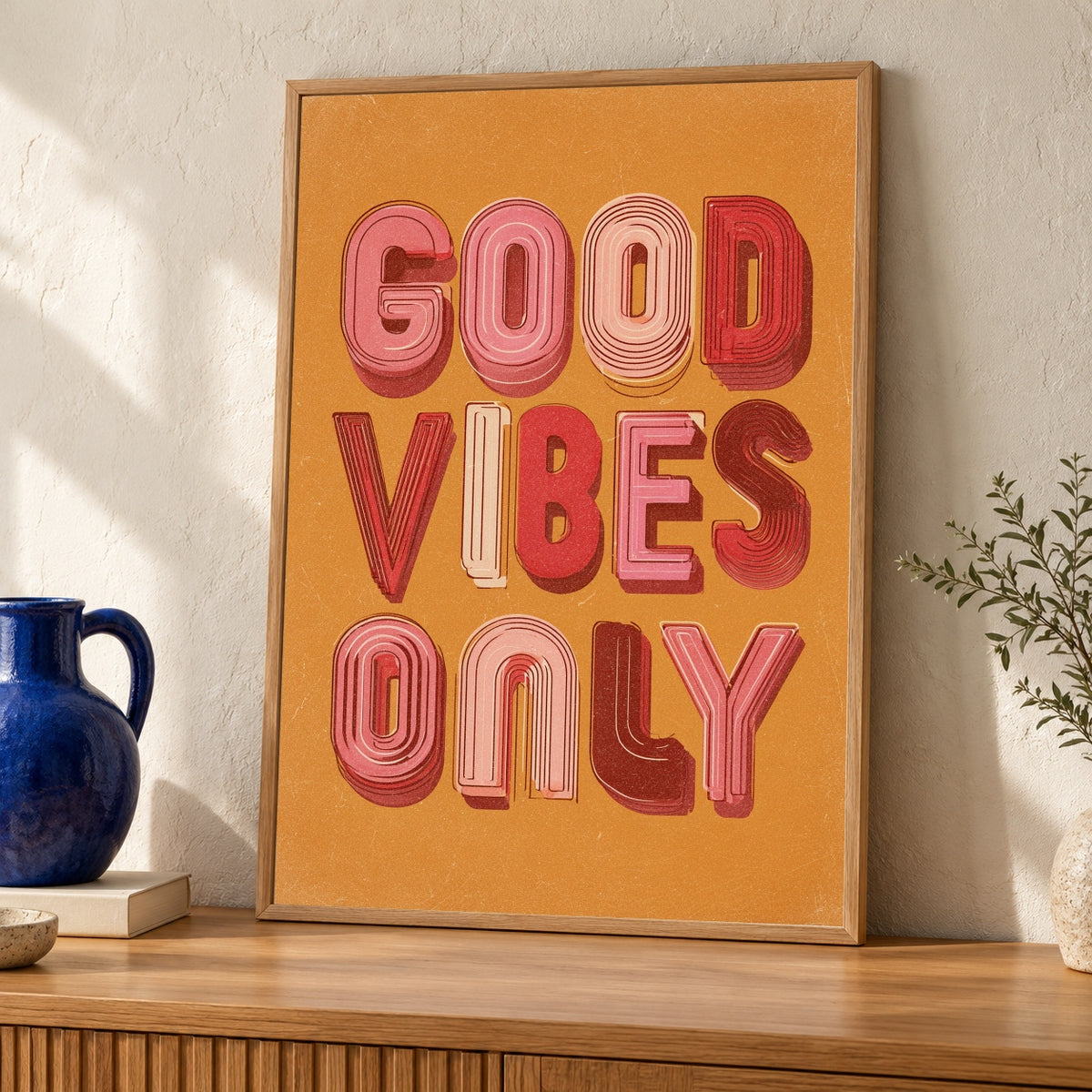 Good Vibes Only Wall Art, Groovy Typography Poster, 70s Retro Print, Psychedelic Quote Decor, Funky Minimalist Gloss Print — oak frame room mockup