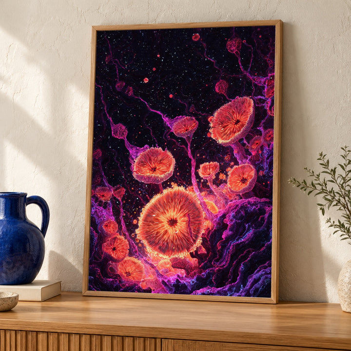 Mushroom Wall Art, Psychedelic Neon Print, Groovy Retro Poster