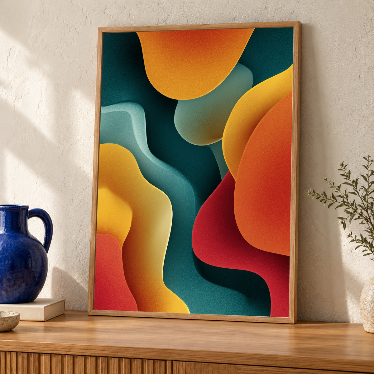 Retro Wall Art, Abstract Groovy Shapes Print, 70s Mid Century — oak frame room mockup