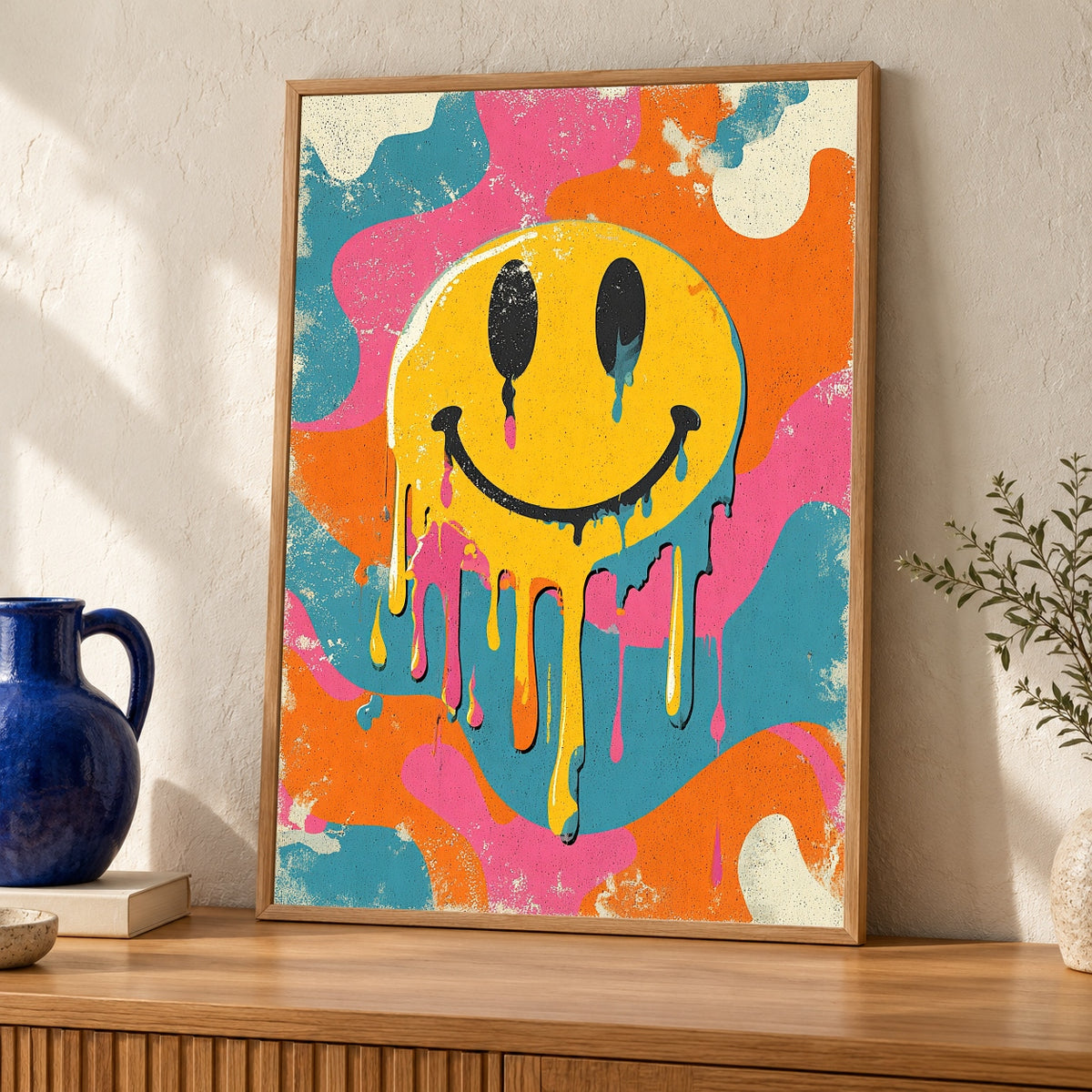 Melting Smiley Face Wall Art, Groovy 70s Poster, Trippy Smile Print, Psychedelic Decor, Retro Funky Art, Drip Surreal Gloss Print — oak frame room mockup