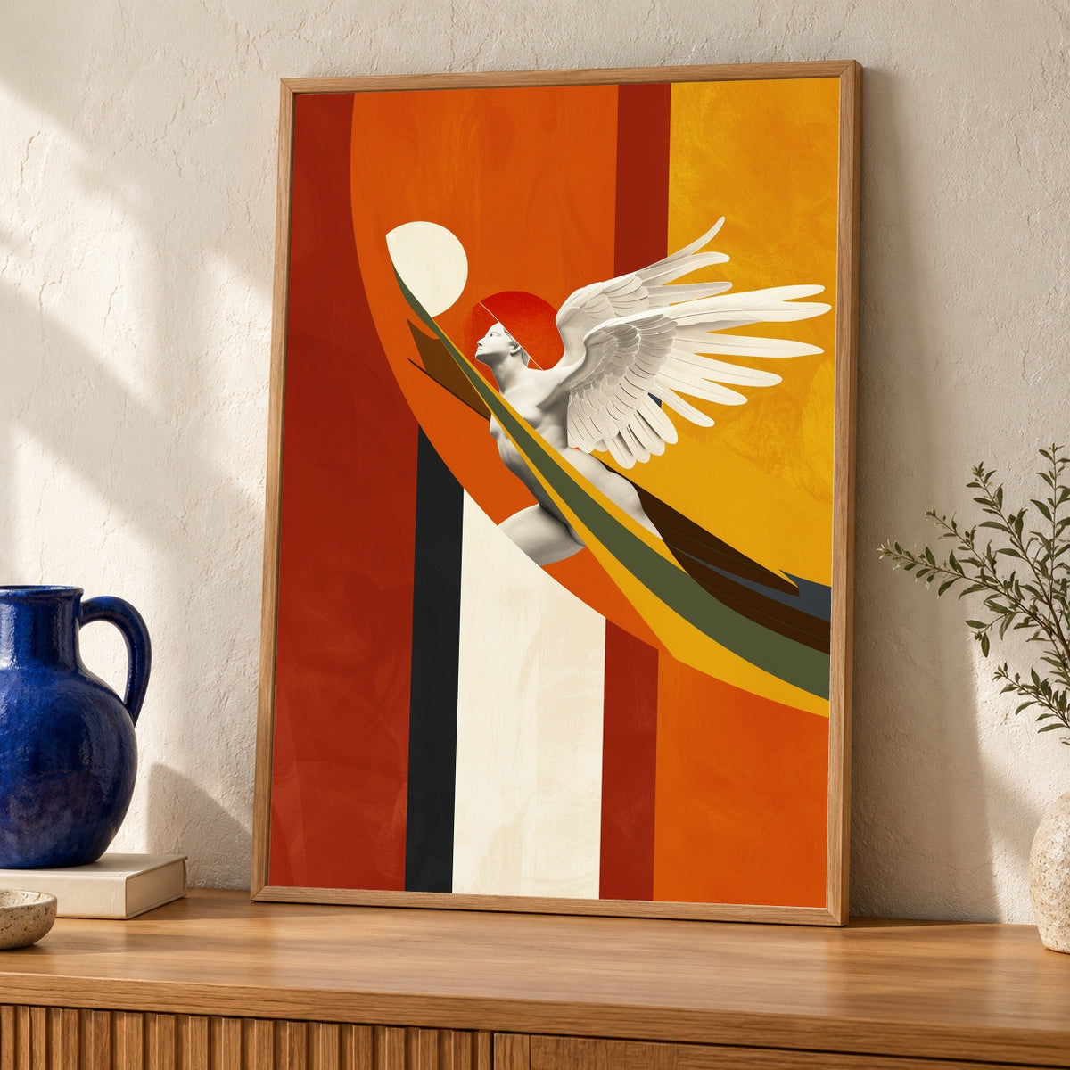 Greek Mythology Art, Nike Goddess Wings Print, Retro Geometric — oak frame room mockup