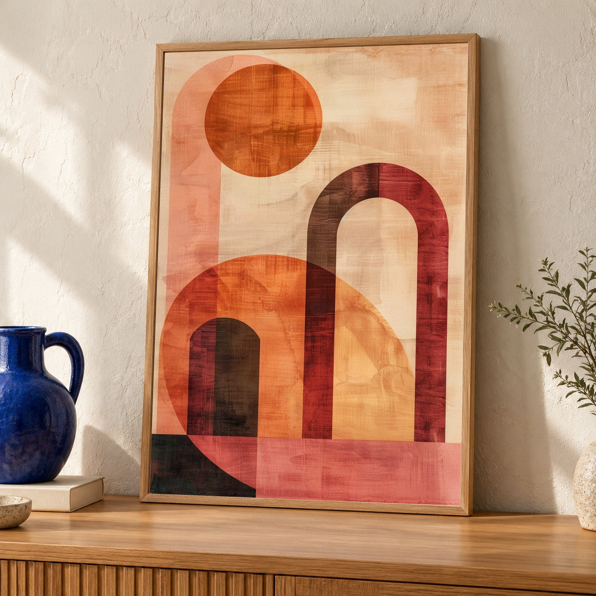 Retro Wall Art, Mid Century Modern Arch Print, Geometric Sun — oak frame room mockup