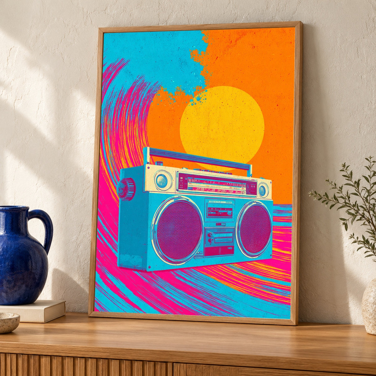 Retro Boombox Print, Psychedelic Neon Wave Poster, Hypebeast Decor — oak frame room mockup