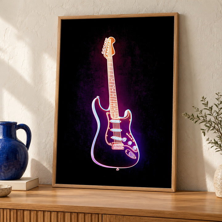 Neon Guitar Print, Electric Glow Art, Retro Wall Decor