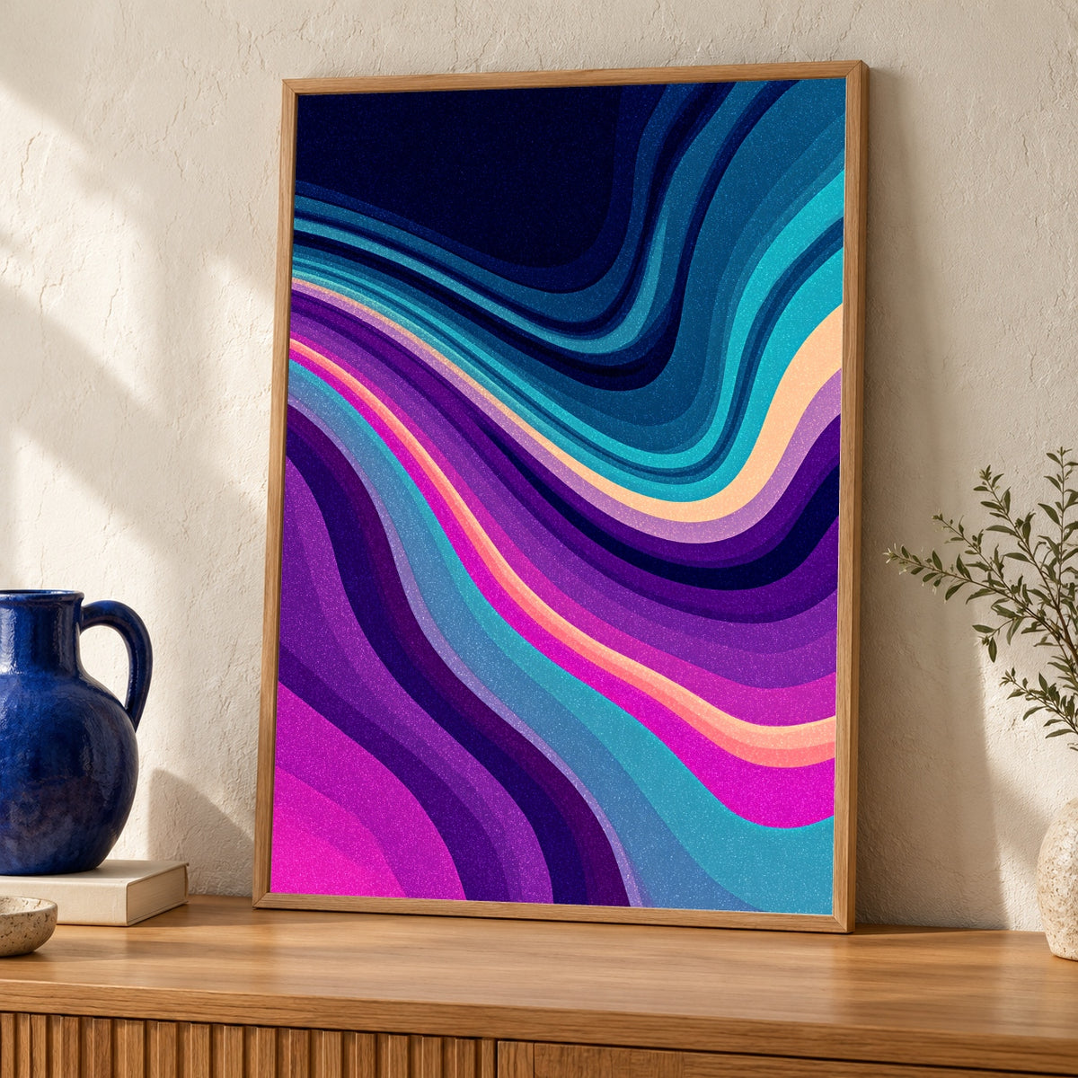 Abstract Wave Art, Neon Gradient Print, Psychedelic Retro Poster — oak frame room mockup