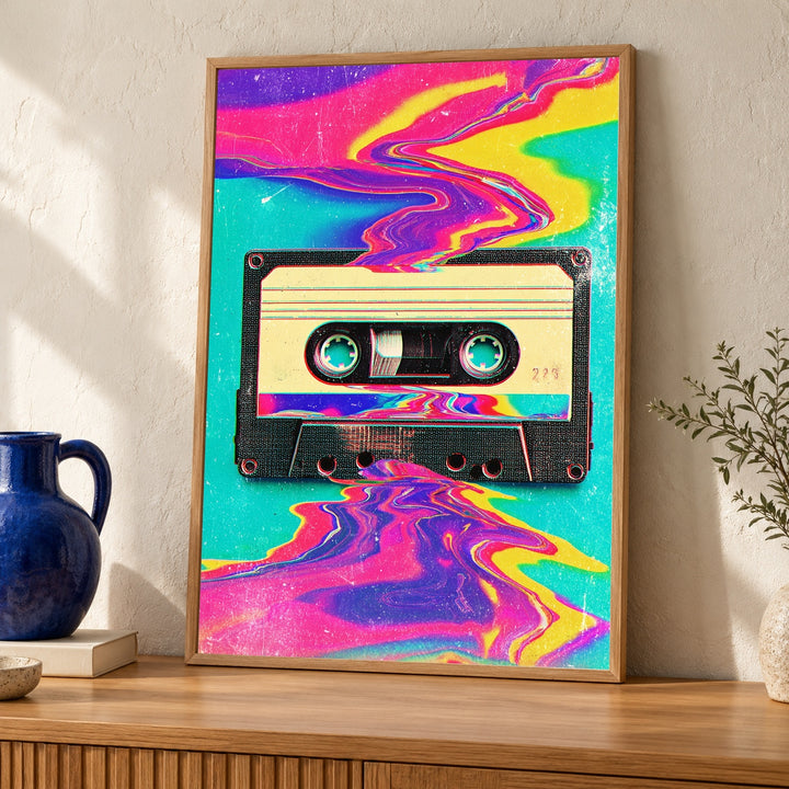 Retro Wall Art, Psychedelic Cassette Tape Print, Neon Wave