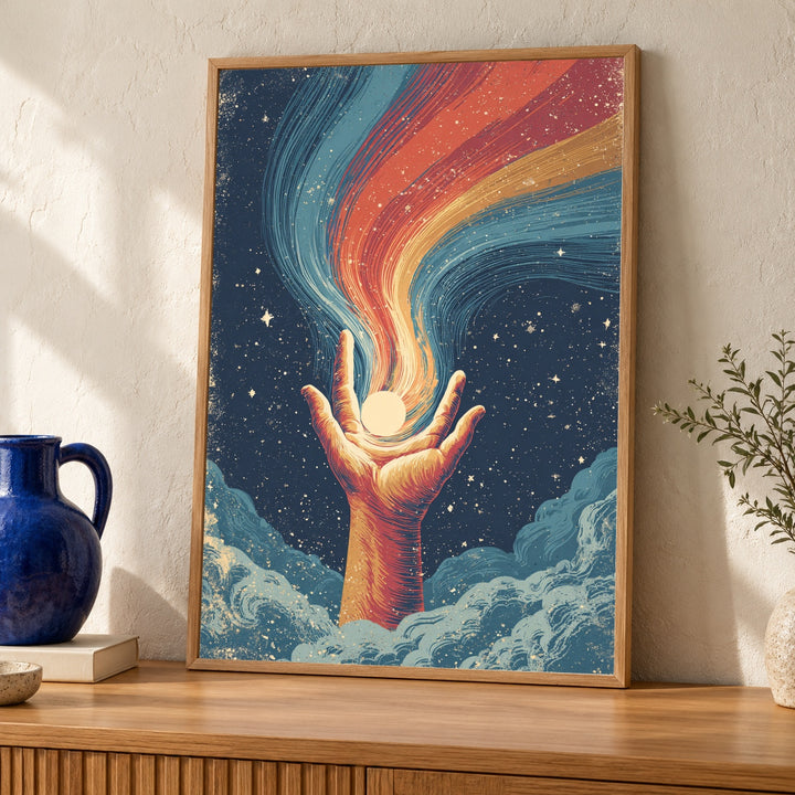 Cosmic Hand Wall Art, Psychedelic 70s Celestial, Retro Decor