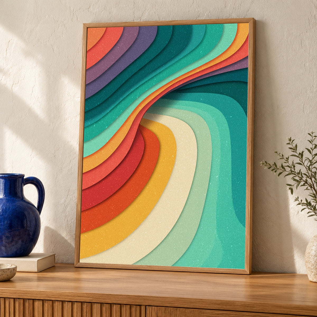 Retro Rainbow Wave Wall Art, Groovy 70s Abstract Poster — oak frame room mockup