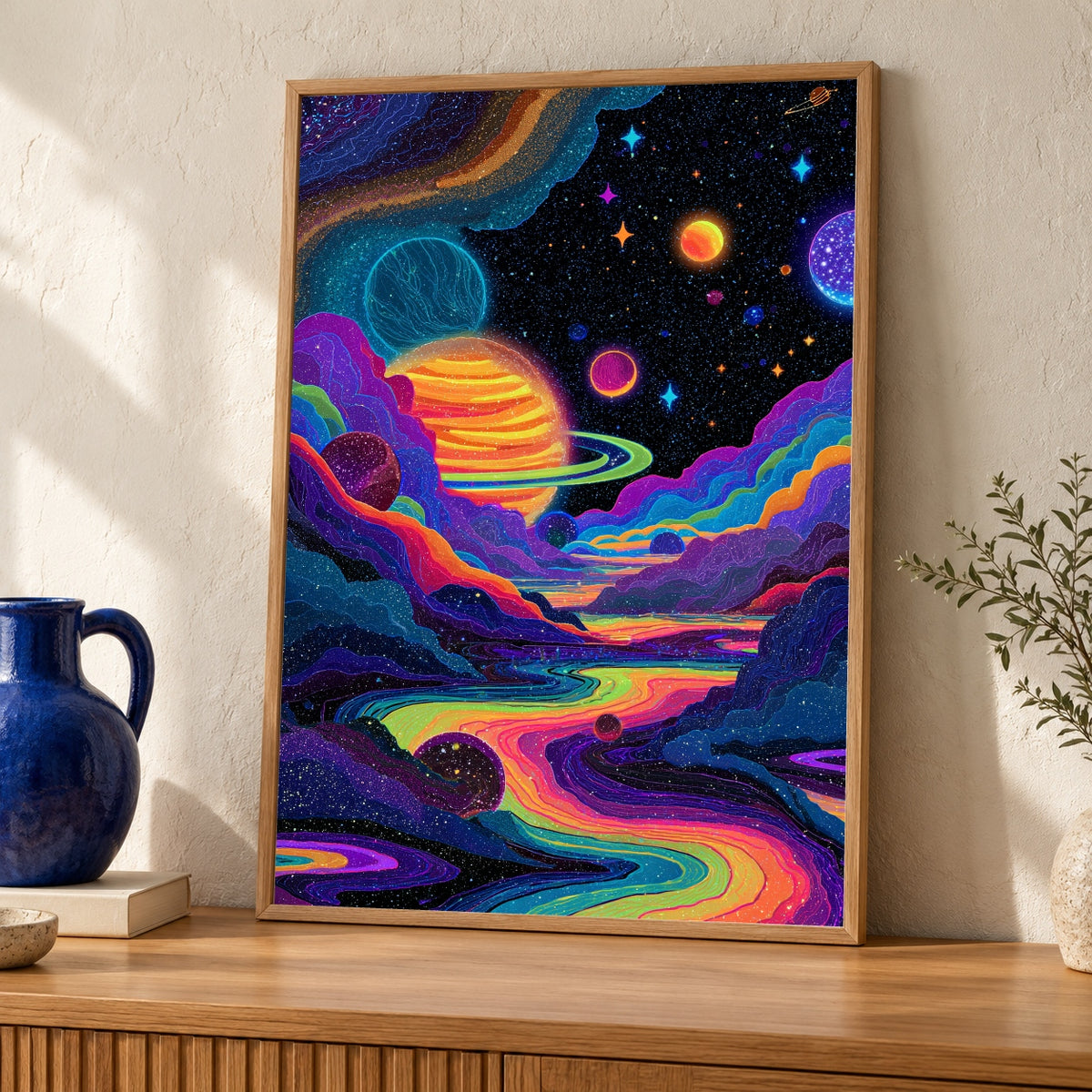 Psychedelic Space Wall Art, Groovy 70s Cosmic Poster, Trippy Planet Print, Neon Galaxy Decor, Surreal Dreamy Gloss Print — oak frame room mockup