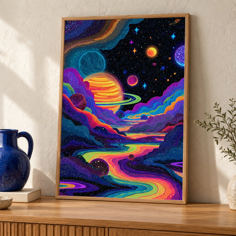 Psychedelic Space Wall Art, Groovy 70s Cosmic Poster, Trippy Planet Print, Neon Galaxy Decor, Surreal Dreamy Gloss Print — oak frame room mockup