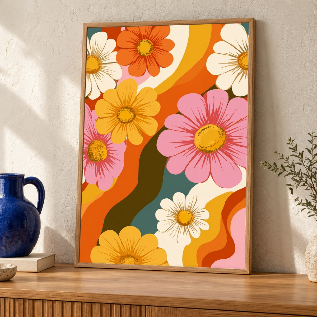 Retro Floral Wall Art, Groovy Daisy Poster, 70s Boho Print — oak frame room mockup