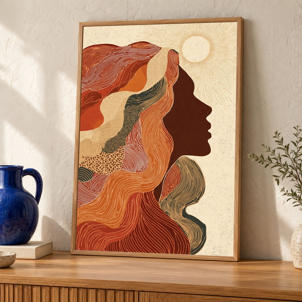 Black Woman Art, Retro Silhouette Print, Groovy 70s Decor — oak frame room mockup