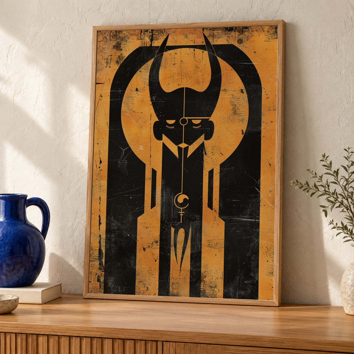 Greek Mythology Art, Hades Underworld Symbol, Dark Geometric Poster — oak frame room mockup