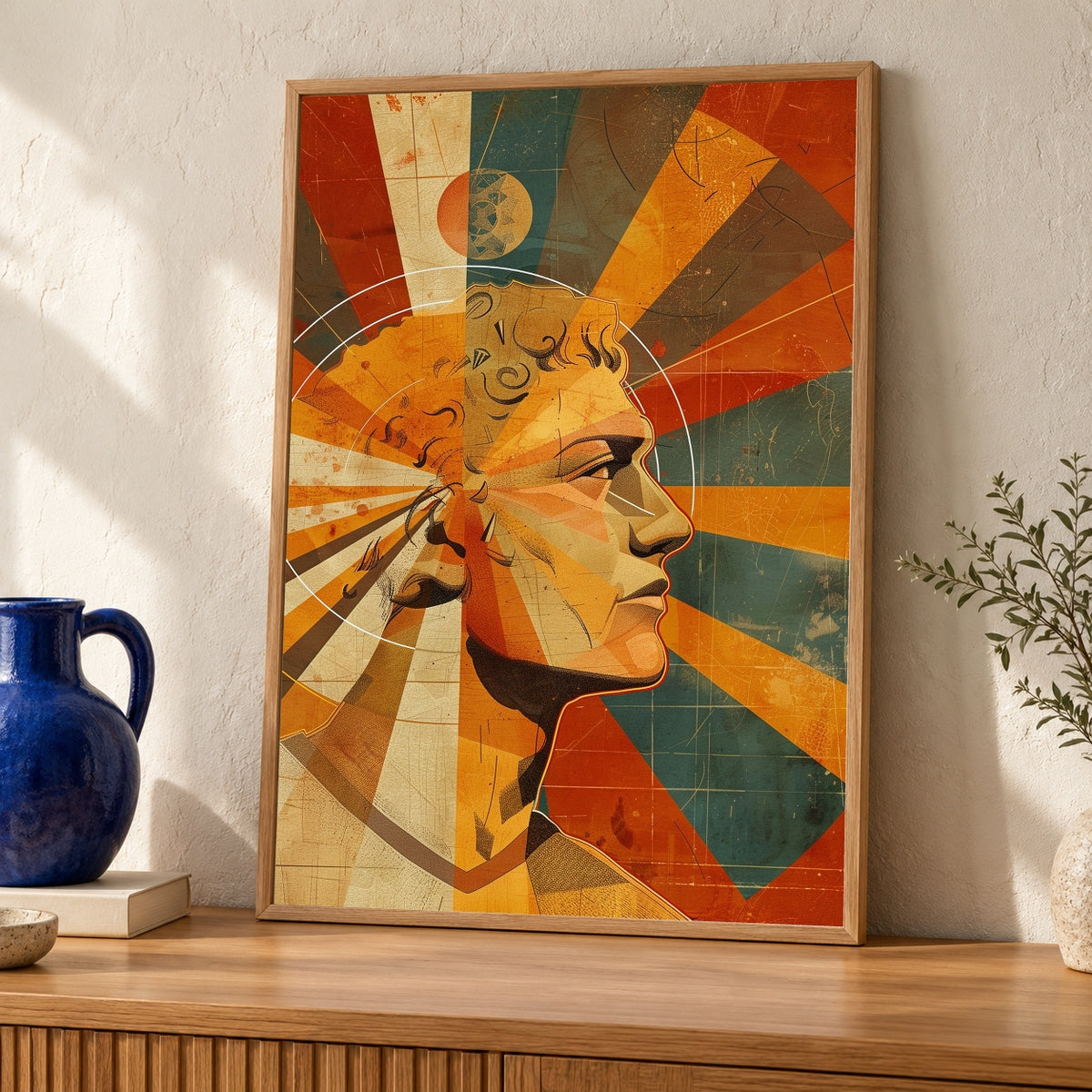Greek Mythology Art, Helios Sun God Poster, Bold Geometric Retro Print — oak frame room mockup