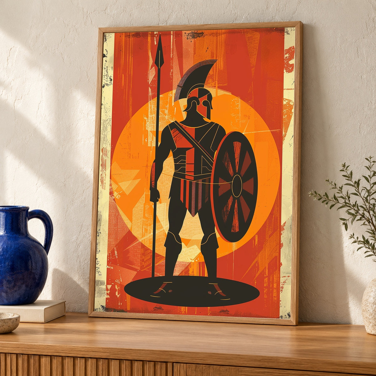 Greek Mythology Art, Ares God of War Print, Bold Geometric Poster — oak frame room mockup