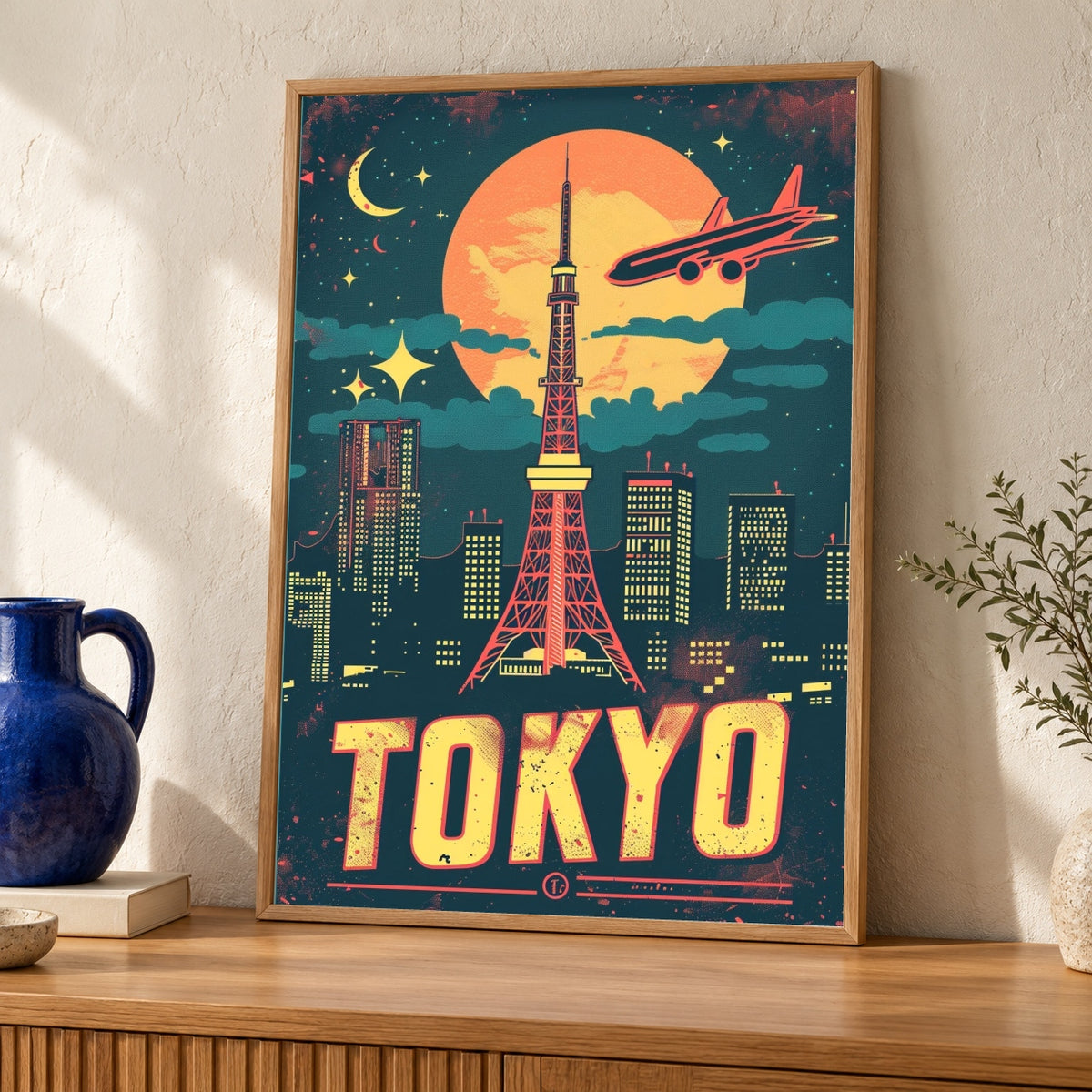 Retro Travel Poster, Tokyo Neon Skyline Print, Japan Vintage — oak frame room mockup