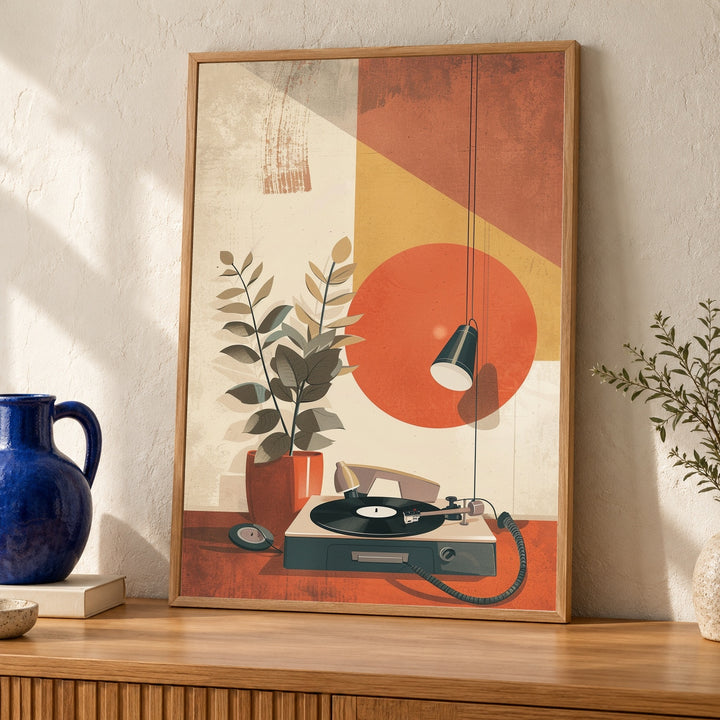 Retro Wall Art, Mid Century Still Life Print, Record Player Poster
