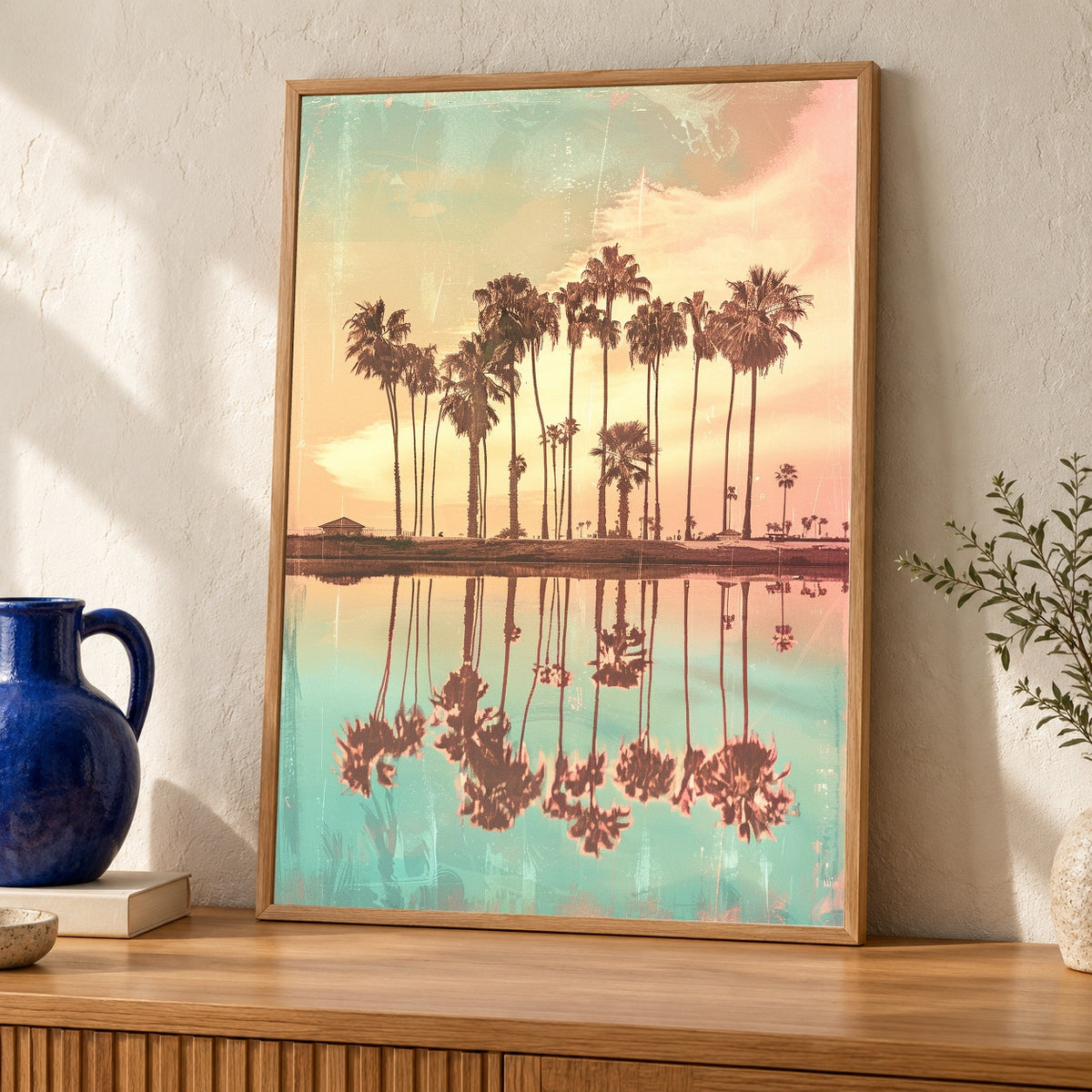 Retro Travel Poster, California Palm Tree Sunset Print — oak frame room mockup