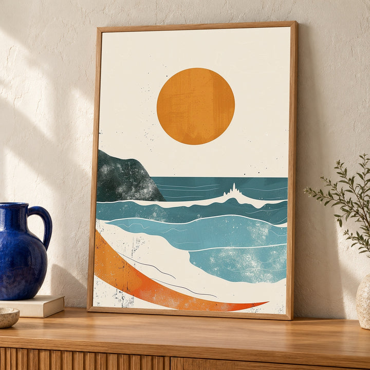 Retro Ocean Wall Art, Mid Century Coastal Print, Pastel Beach Sun