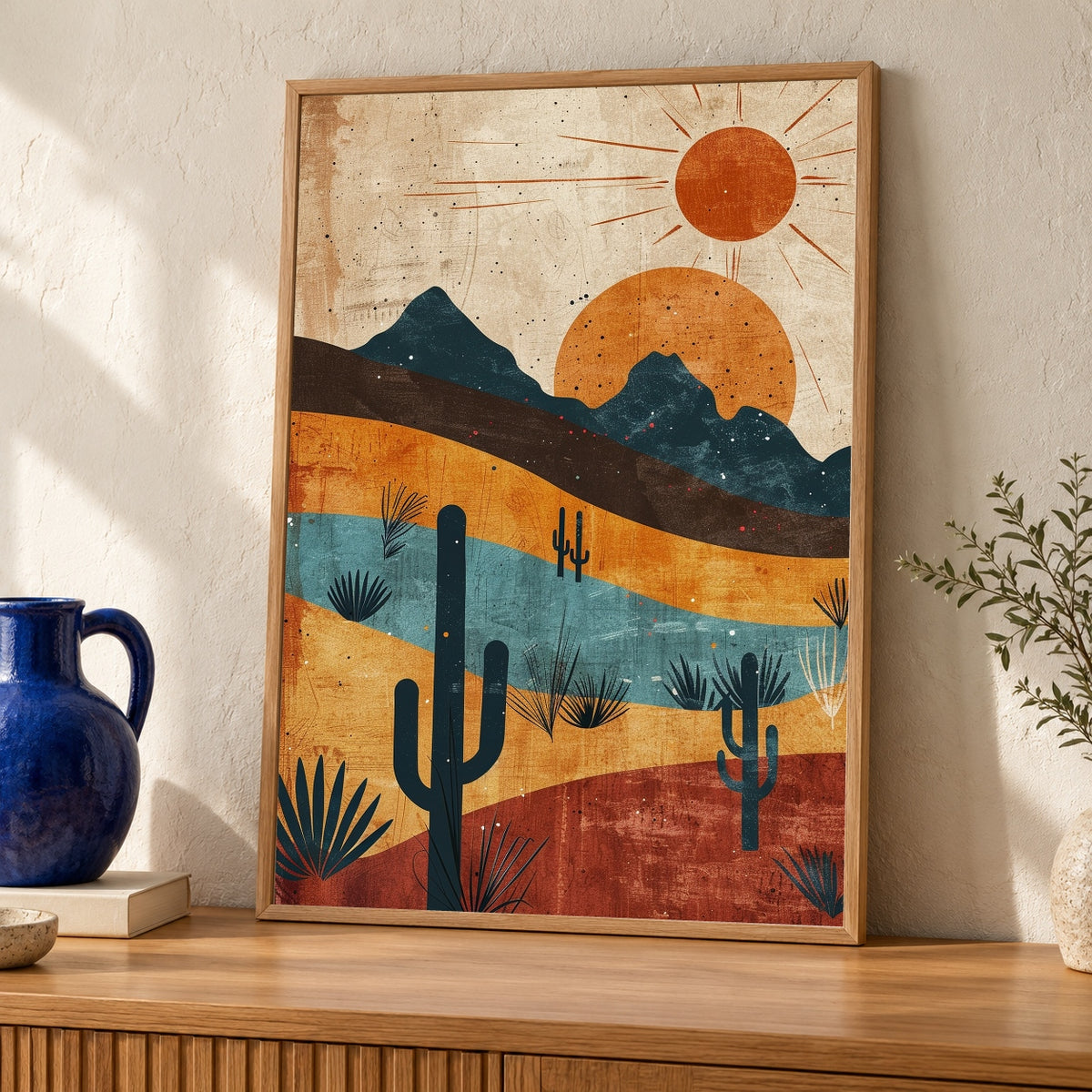 Desert Landscape Art, Mid Century Retro Sunset, Cactus Terracotta Print — oak frame room mockup