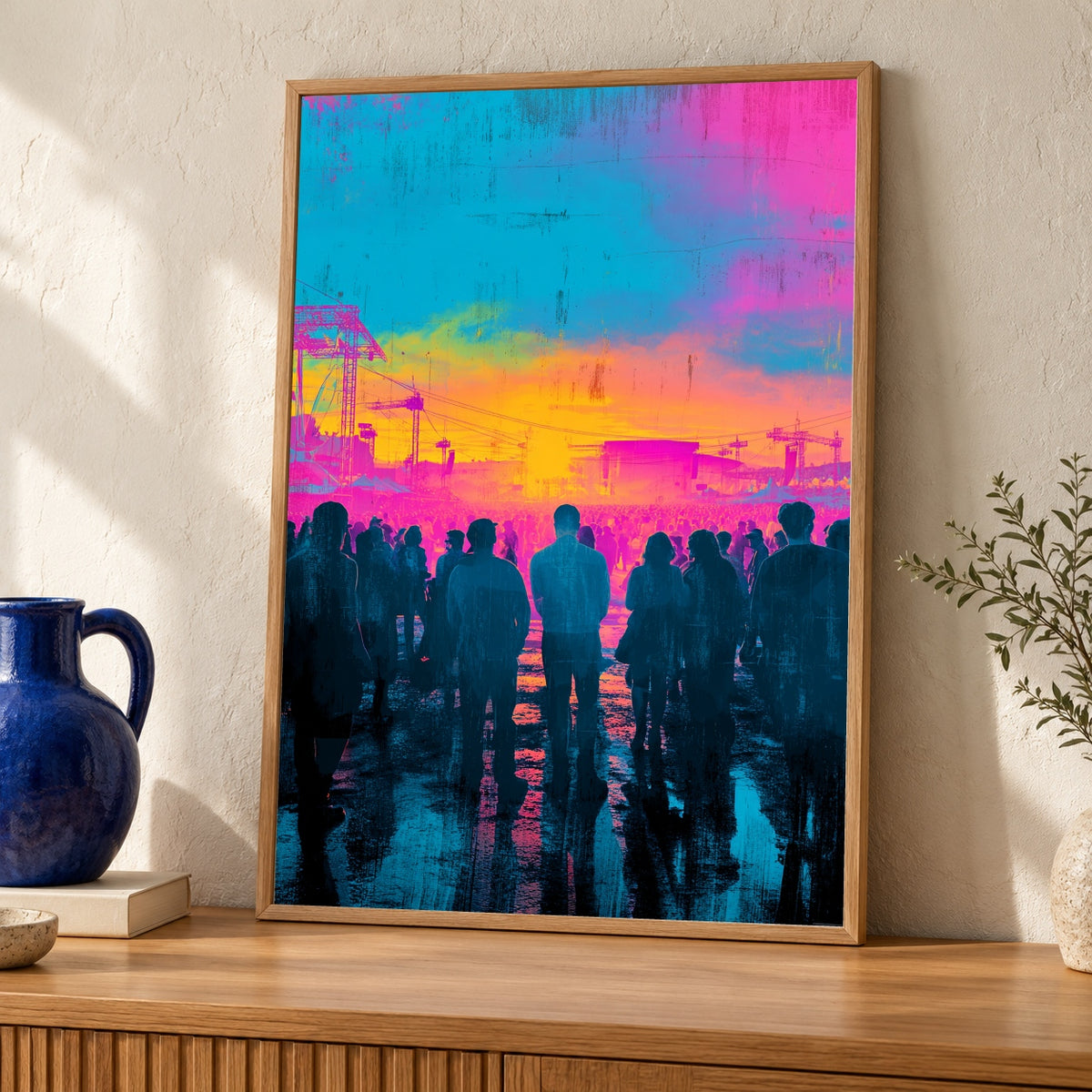 Festival Crowd Art, Neon Concert Sky Print, Psychedelic Silhouette — oak frame room mockup