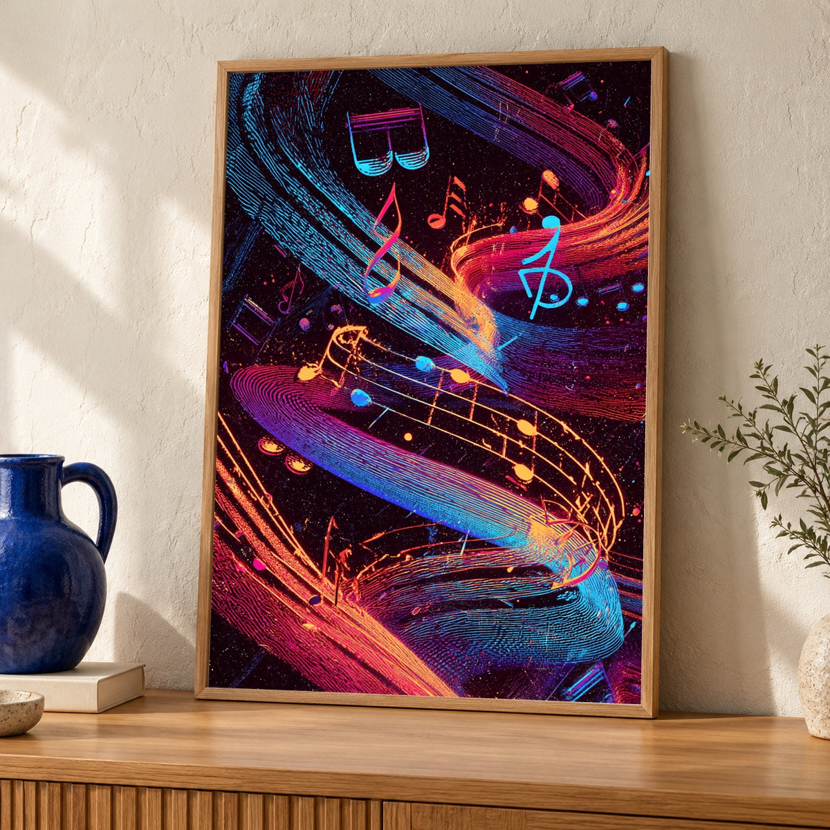 Music Notes Wall Art, Psychedelic Neon Swirl Print, Retro Groovy Poster — oak frame room mockup